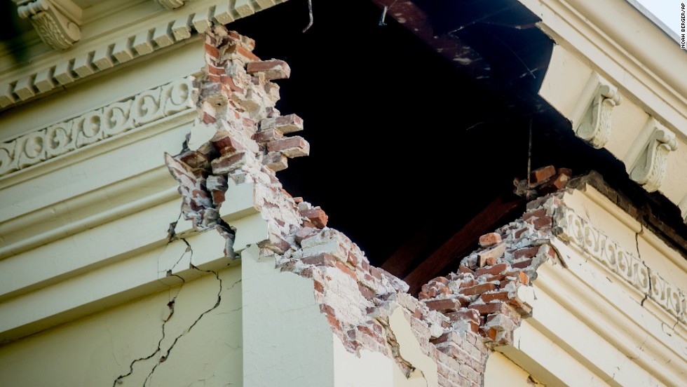 A corner of the historic Napa County courthouse sits exposed following the earthquake on Sunday, August 24.