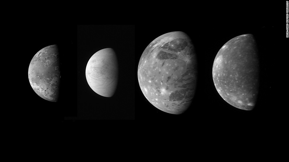 On its way to Pluto, New Horizons snapped these photos of Jupiter&#39;s four large &quot;Galilean&quot; moons. From left is Io, Europa, Ganymede and Callisto.