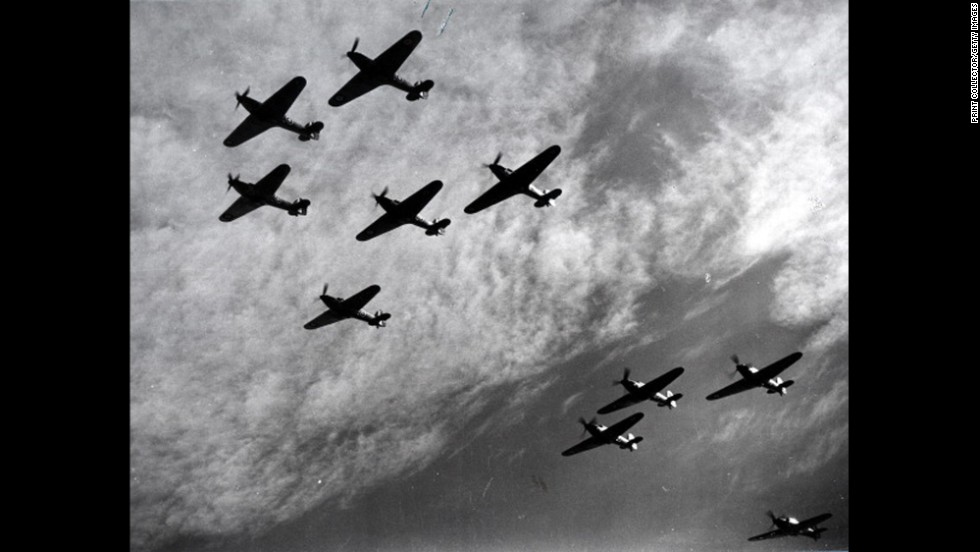 British Hawker Hurricanes fly in formation during the Battle of Britain in 1940. The planes were a first line of defense against German bombers attacking England. The battle, fought between July 10 and October 31, 1940, was the first major battle to be won in the air. The Royal Air Force&#39;s victory thwarted Hitler&#39;s plans for invading Britain.