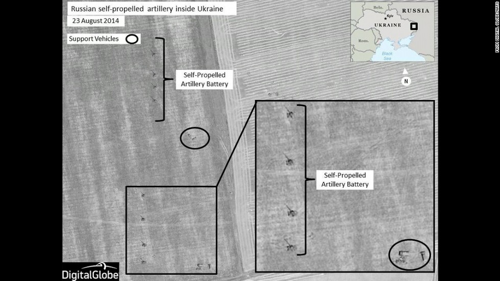 At a press conference on Thursday, August 28, Dutch Brig. Gen. Nico Tak, a senior NATO commander, revealed satellite images of what NATO says are Russian combat forces engaged in military operations in or near Ukrainian territory. NATO said this image shows Russian self-propelled artillery units set up in firing positions near Krasnodon, in eastern Ukraine. 