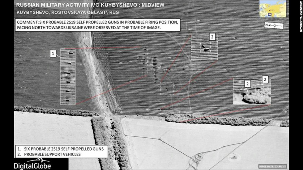 This image, captured on July 23, depicts what are NATO says are probably six Russian 2S19 self-propelled, 153mm guns near Kuybyshevo, Russia. This site is 4 miles south of the Ukraine border, near the village of Chervonyi Zhovten. Although the guns are not in Ukraine, NATO said, they are pointed north, toward Ukrainian territory. 