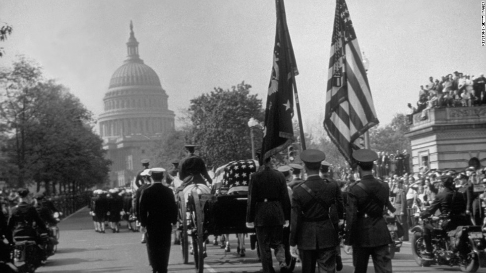 President Franklin D. Roosevelt&#39;s funeral procession goes down Connecticut Avenue on its way to the White House. Roosevelt died on April 12, 1945, in Warm Springs, Georgia, just weeks before Germany&#39;s surrender.