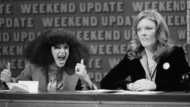 Gilda Radner, left, as Roseanne Roseannadanna, with Jane Curtin during "SNL's" "Weekend Update." 