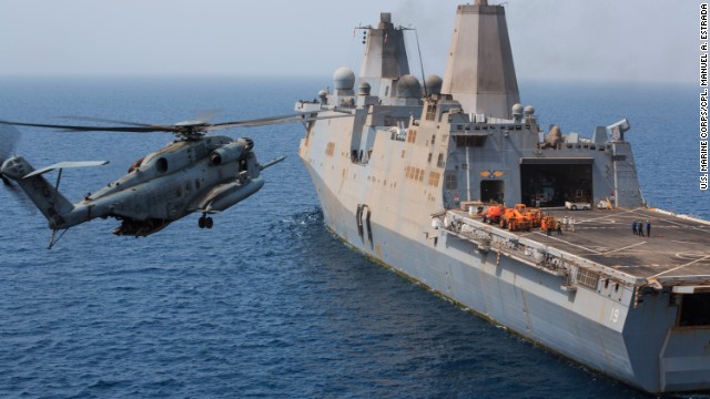 A U.S. Marine Corps CH-53E helicopter prepares to land on the amphibious transport dock ship USS Mesa Verde last month.