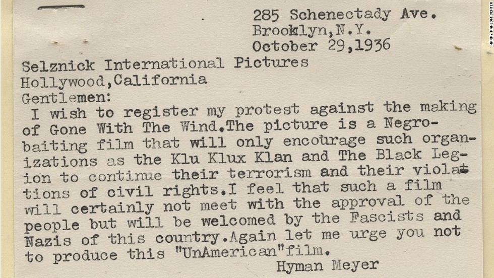 An October 1936 letter from a Brooklyn, New York, man urged Selznick not to make &quot;a Negro-baiting film&quot; that would encourage groups such as the Ku Klux Klan. The depiction of African-Americans and treatment of Reconstruction in the novel made the film production controversial from the beginning. Selznick wanted to remain faithful to the book, but he dropped the N-word from the movie&#39;s script as well as references to the Klan.