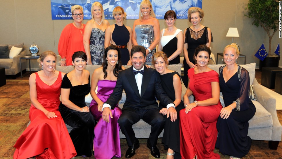 Ahead of the 2012 contest, European captain Jose Maria Olazabal poses with his players wives and girlfriend. Sanna Hanson can be seen in a black dress on the far right of the picture. 