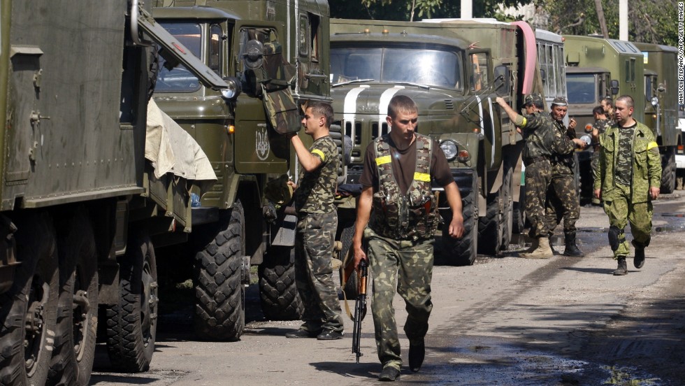 A column of Ukrainian forces is seen in Volnovakha, Ukraine, on September 11.