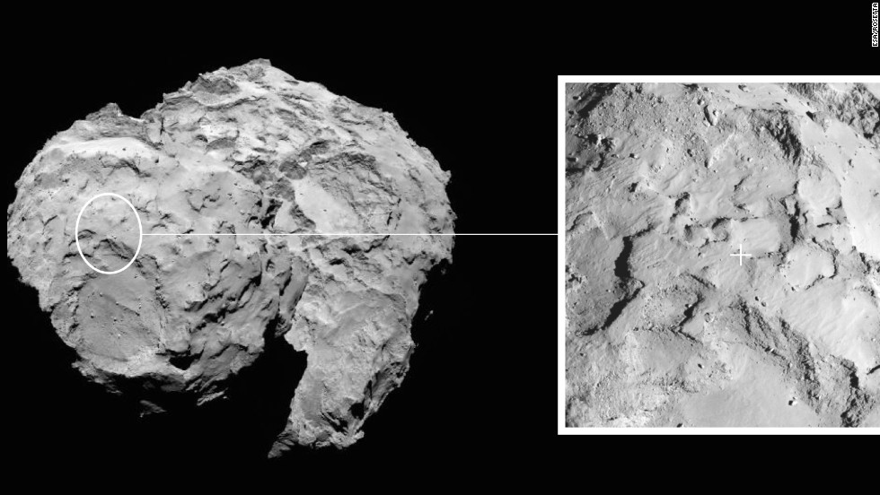 Rosetta ha scattato questa immagine della cometa 67P/Churyumov-Gerasimenko il 15 settembre 2014. Il riquadro sulla destra mostra dove ci si aspettava che il lander toccasse terra.