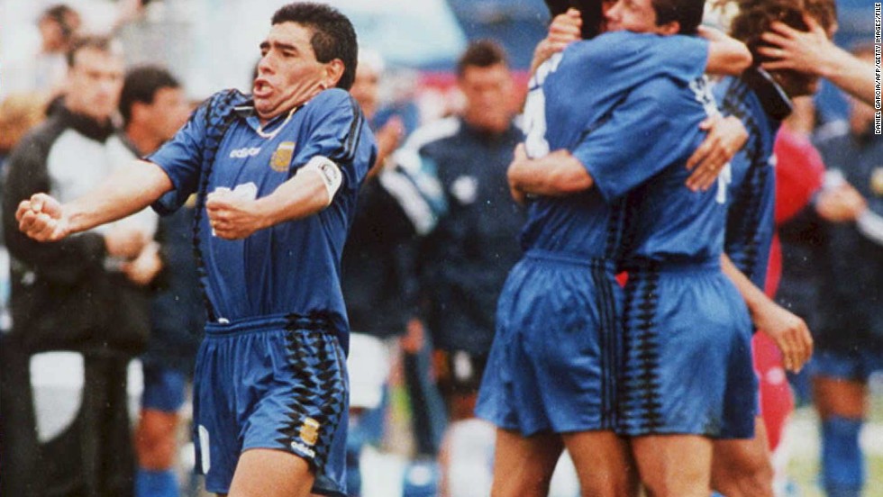 A pumped-up Maradona during the 1994 World Cup hosted by the U.S. He was later thrown out of the tournament after testing postive for the banned stimulant ephedrine, signaling the end of his international career. 