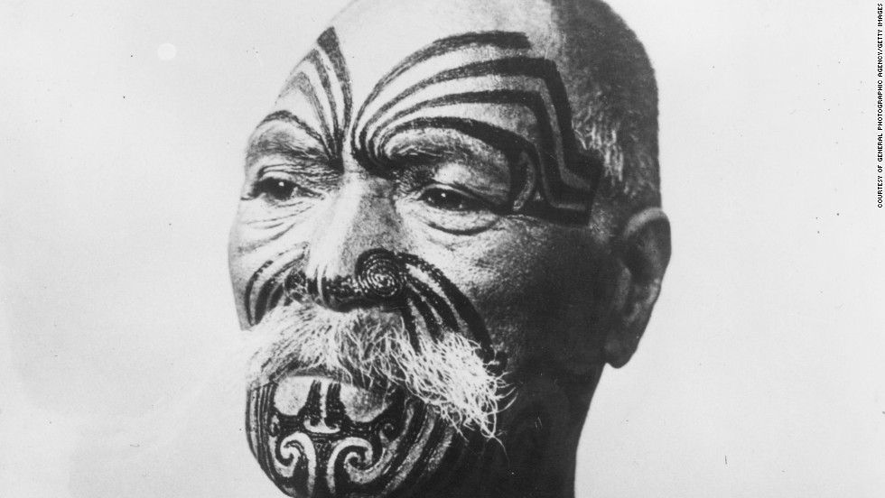 A Maori chief from New Zealand, circa 1950, with the traditional facial tattoos.