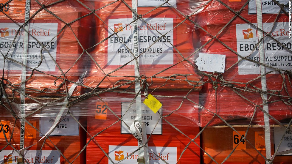 Supplies wait to be loaded onto an aircraft at New York&#39;s John F. Kennedy International Airport on September 20, 2014. It was the largest single shipment of aid to the Ebola zone to date, and it was coordinated by the Clinton Global Initiative and other U.S. aid organizations.