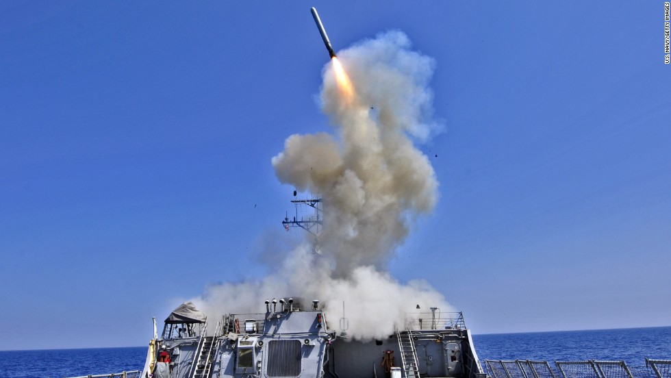 On September 22, 2014, the United States fired 47 Tomahawk missiles against targets in Syria. Tomahawks are long-range subsonic cruise missiles used to take out high-value or heavily defended land targets. They were first used in Operation Desert Storm in 1991. Here, the U.S. Navy guided-missile destroyer USS Barry (DDG 52) launches a Tomahawk cruise missile in 2011.