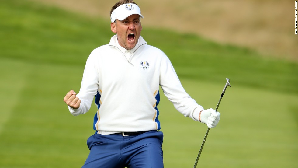 Ian Poulter is known as Europe&#39;s postman, because he always delivers. Here he celebrates some first-class chipping, holing out at the 15th in the morning fourballs.