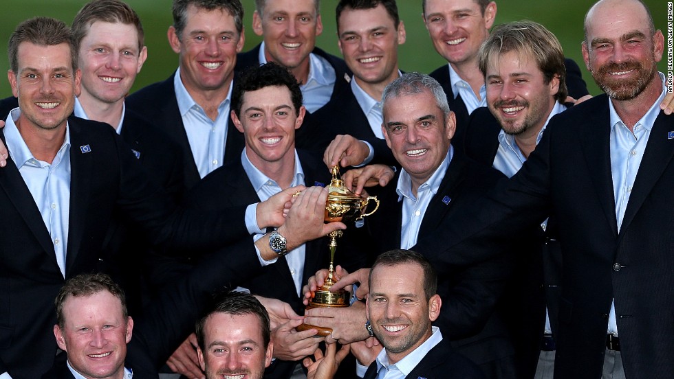 The victorious European team and captain Paul McGinley after retaining the Ryder Cup at Gleneagles.