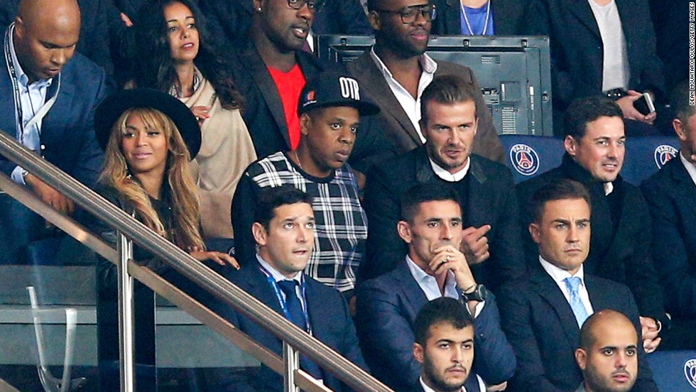 Beyonce was joined by husband Jay-Z and David Beckham, who finished his career at Paris Saint-Germain. The French champion defeated Barcelona 3-2 in a thrilling contest. On the row in front of Beckham, just to his right, is Italian World Cup winner and former Real Madrid star Fabio Cannavaro.