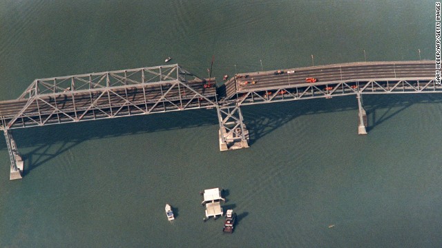 A collapsed portion of the San Francisco-Oakland Bay Bridge is seen on October 22.