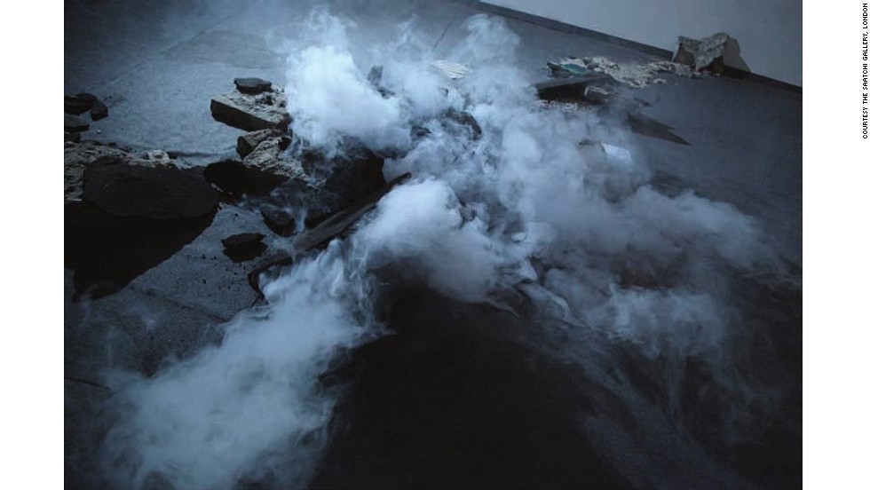 Mariia Kulikovska&#39;s installation &quot;Untitled&quot;, made in 2012, consists of a section of fractured road with smoke seeping ominously through the cracks. A warning of unrest to come?