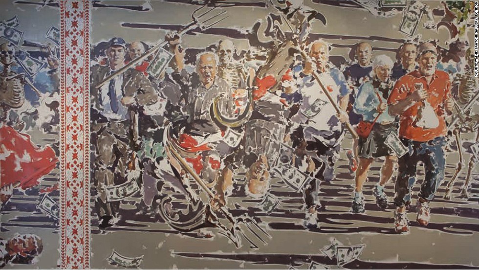 This 2012 painting by Vasily Tsagolov, which depicts a crowd of people holding pitchforks and accompanied by skeletons, is called &quot;Ghost of Revolution.&quot;