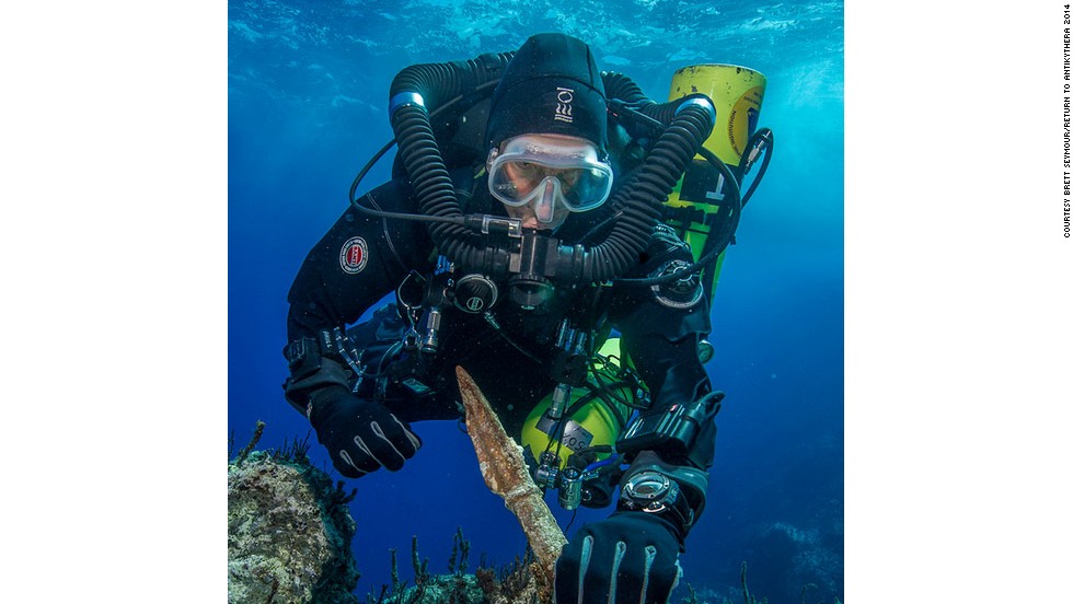 &quot;Return to Antikythera&quot; project chief diver Philip Short is pictured inspecting the magnificent two-meter-long bronze spear reclaimed from the shipwreck, which archaeologists say was once part of a life-size warrior statue. 