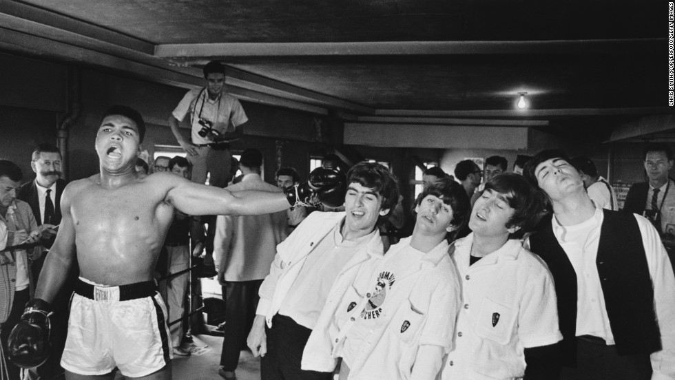 Ali poses for a picture with The Beatles in Miami, during the run-up to his heavyweight title fight against Sonny Liston in 1964.