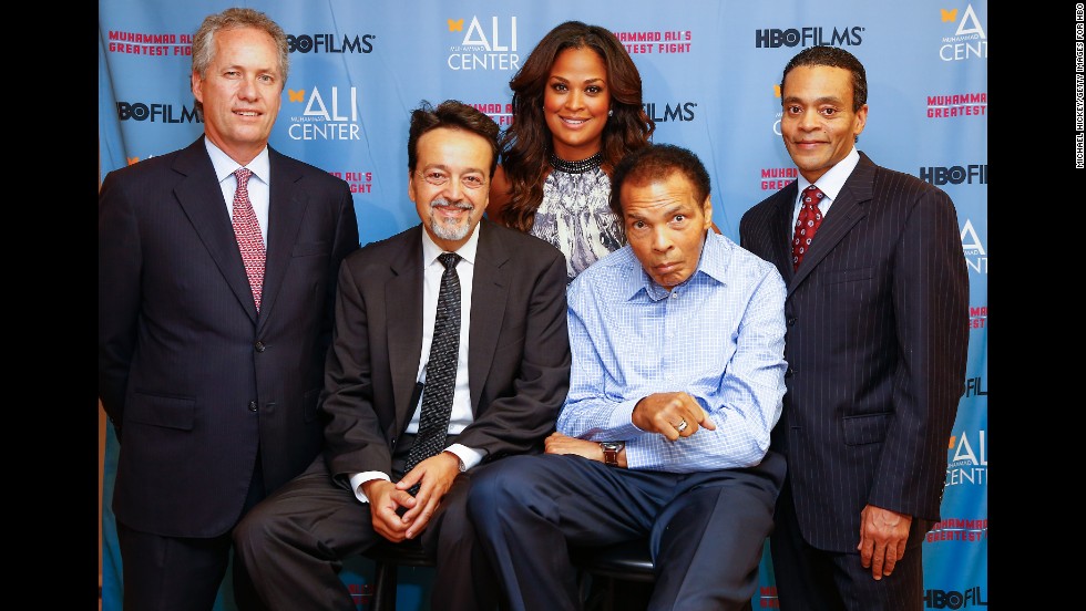 Ali poses for a picture with, from left, Greg Fischer, Len Amato, daughter Laila Ali and Donald Lassere during the U.S. premiere of the HBO film &quot;Muhammad Ali&#39;s Greatest Fight&quot; in October 2013.