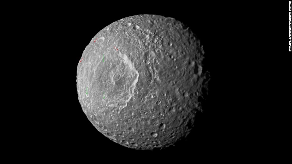 This mosaic of Saturn&#39;s moon Mimas was created from images taken by Cassini in February 2010. A recent study indicates the moon may contain a liquid water ocean.