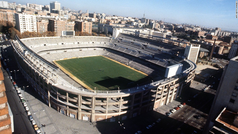 Pictured during the 1980s, the Santiago Bernabeu stadium reached a peak capacity of just over 120,000 in the 1950s -- although its record attendance, in 1956, was 129,690 for a European Cup semifinal against AC Milan. 