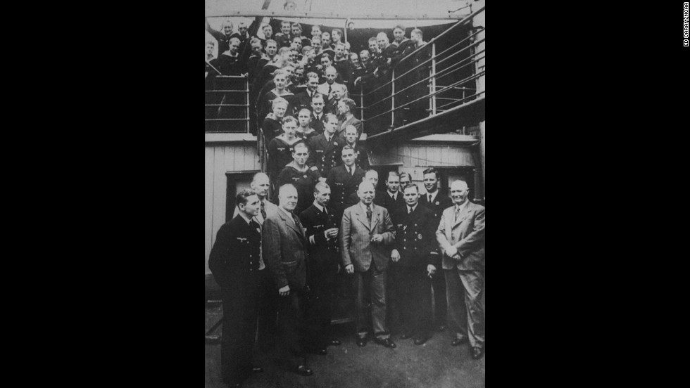 The crew of U-576 poses for a formal photo aboard the sub. 