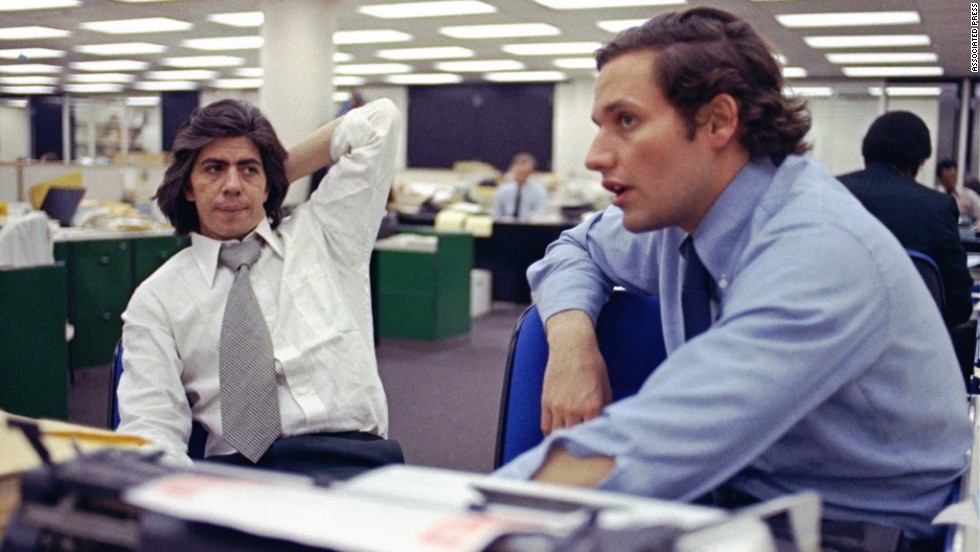 Reporters Carl Bernstein, left, and Bob Woodward in the newsroom in 1973, during the Washington Post&#39;s ongoing coverage of what became known simply as Watergate.