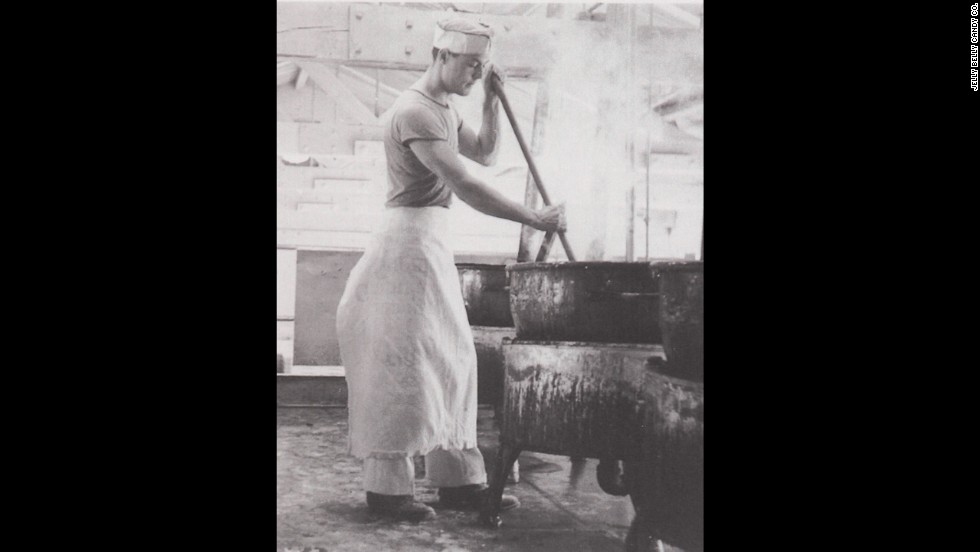 A worker for the Goelitz Confectionery Co. stirs a kettle of warm candy corn mixture at a New Jersey factory in the early 1900s. The company, which in 2001 changed its name to Jelly Belly, continues to make candy corn today -- by machine, of course.