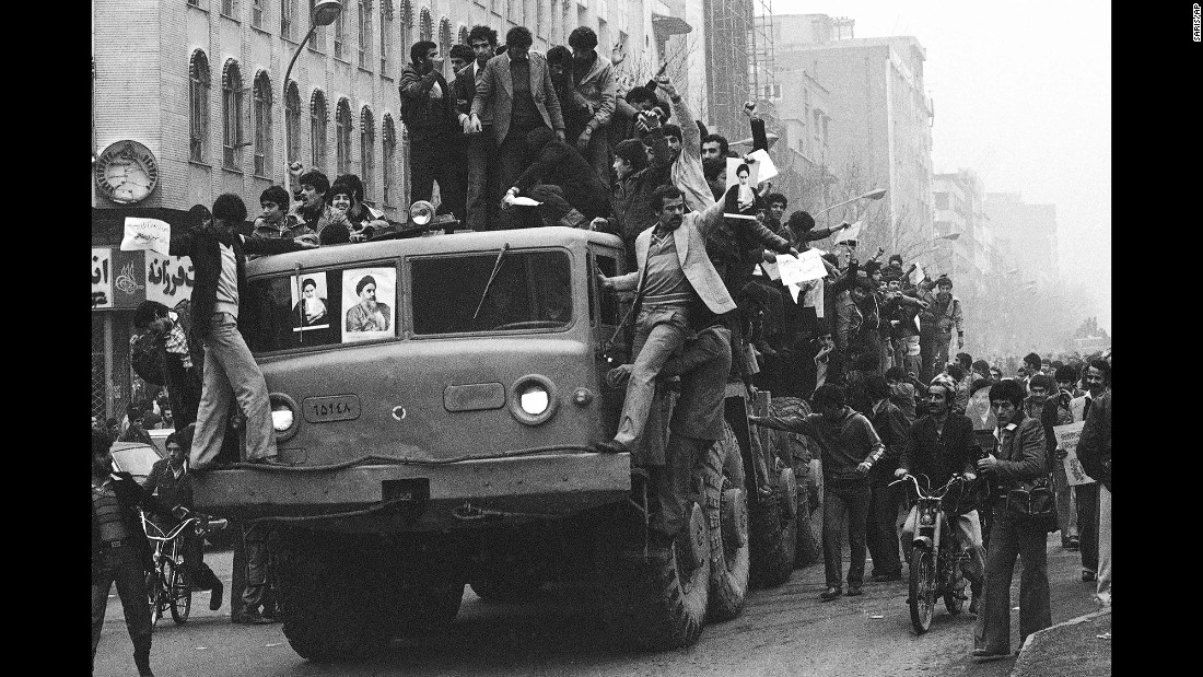 Demonstrators celebrating the Shah&#39;s departure flood the streets of Tehran on January 17, 1979.