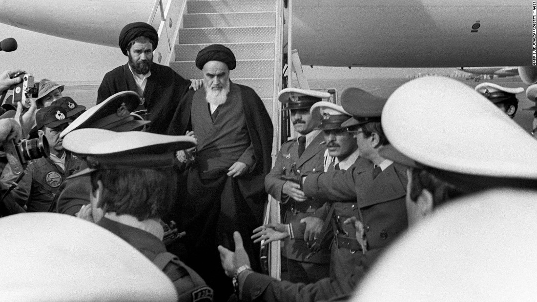 After 14 years in exile, Ayatollah Ruhollah Khomeini returns to lead Iran on February 1, 1979.