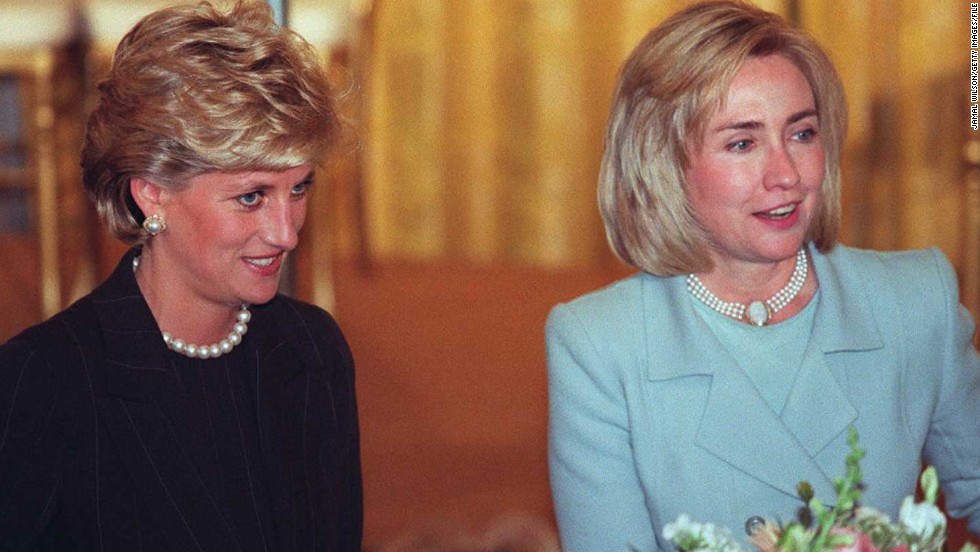 Suit jackets and pearl necklaces are the outfits of choice for Princess Diana and then-U.S. First Lady Hilary Clinton at a White House reception in 1996. The exhibition features a black, sequined Jacques Azagury dress worn by Diana on her 36th birthday. 