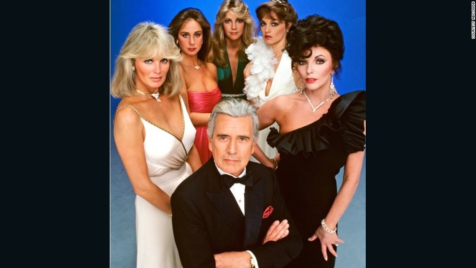 Fabulously over-the-top gowns with ruffled embellishments were showcased by the 1983 cast of hit TV show Dynasty.