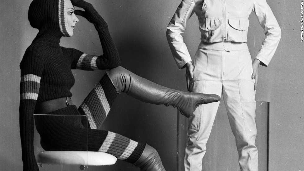  All-in-one, knitted wool, catsuits designed and modeled by Shirley Belljohn (left), in 1968. 
