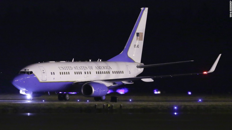 The plane carrying Kenneth Bae, Matthew Miller and James Clapper, U.S. director of national intelligence, lands at Joint Base Lewis-McChord, Washington.