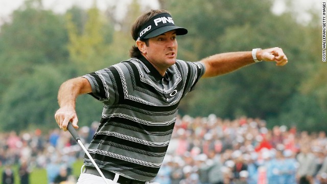 Bubba Watson produced two moments of magic on the 18th green to win the WGC-HSBC tournament in Shanghai.