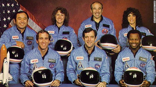 Challenger crew members: (Back, L-R) Ellison Onizuka, Christa McAuliffe, Greg Jarvis, Judy Resnick. (Front, L-R) Mike Smith, Dick Scobee, Ron McNair.