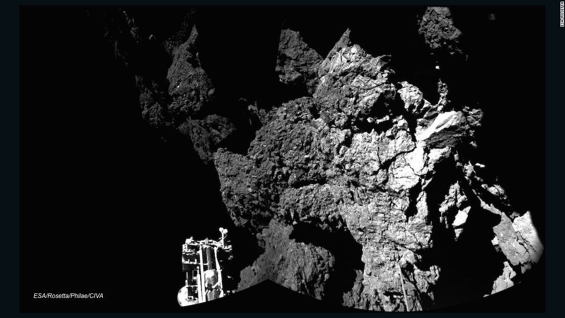 The Rosetta spacecraft&#39;s Philae lander is shown sitting on Comet 67P/Churyumov-Gerasimenko after becoming the first space probe to land on a comet on November 12, 2014. The probe&#39;s harpoons failed to fire, and Philae bounced a few times. The lander was able to send back images and data for 57 hours before losing power.