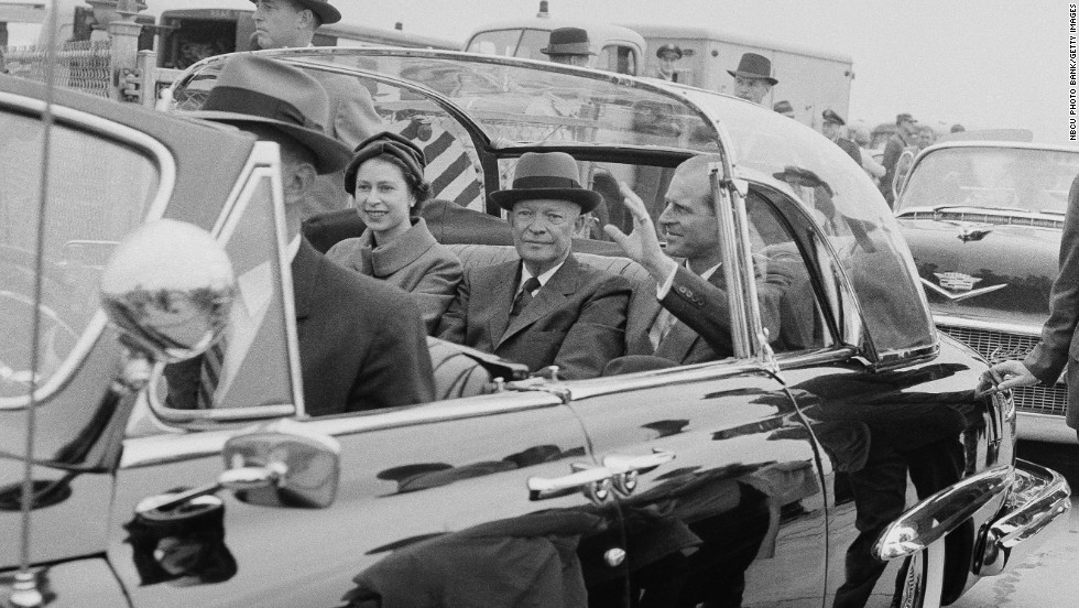 In November 1957, Queen Elizabeth II visited Washington, D.C., as pictured here with President Dwight D. Eisenhower and Prince Philip. She has met numerous presidents over the years and visited 116 countries. 