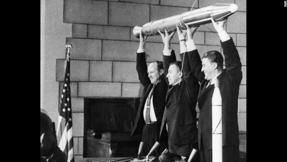 A model of &lt;a href=&quot;https://www.nasa.gov/mission_pages/explorer/explorer-overview.html&quot; target=&quot;_blank&quot;&gt;Explorer 1&lt;/a&gt;, America&#39;s first satellite, is held by, from left, NASA official William Pickering, scientist James Van Allen and rocket pioneer Wernher von Braun. The team was gathered at a news conference at the National Academy of Sciences in Washington to announce the satellite&#39;s successful launch. It had been launched a few hours before, on January 31, 1958.