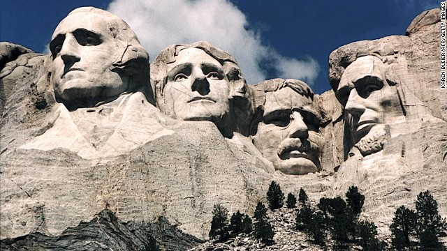 This June 1995 photo shows Mt. Rushmore, in Keystone, South Dakota. Sculptor Gutzon Borglum started work on Mt. Rushmore 10 Aug 1927 and continued for 14 years, but only 6.5 years were actually spent sculpting due to harsh weather delays. The presidents were selected on the basis of what each symbolized. George Washington (L) represents the struggle for independence; Thomas Jefferson (2nd L), the idea of government by the people; Theodore Roosevelt (2nd R), for the 20th century role of the United States in world affairs; and Abraham Lincoln (R) for his ideas on equality and the permanent union of the states.