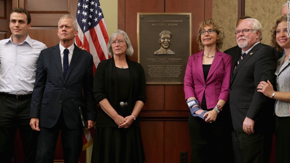 Giffords attends a dedication ceremony in April 2013 at the US Capitol Visitor Center in Washington D.C. A meeting room was named for Gabriel Zimmerman, a member of Giffords&#39; staff who was murdered in the 2011 shooting.