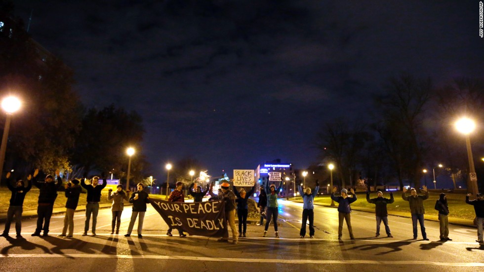 Protesters block streets in St. Louis after the announcement of the grand jury&#39;s decision on November 24. Ferguson is a suburb of St. Louis.