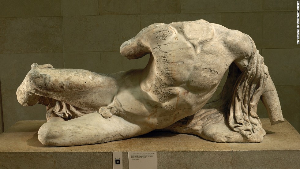 The marble statue of the river god Ilissos, from the west pediment of the Parthenon in Greece, was designed by Pheidias in Athens during 438BC - 432BC. The British Museum is lending this statue, one of the Elgin Marbles, to the Hermitage Museum in St. Petersburg, Russia. 