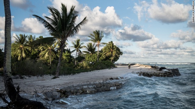 Waves pummel the coast of Temwaiku, a village on the capitol island of South Tarawa. 