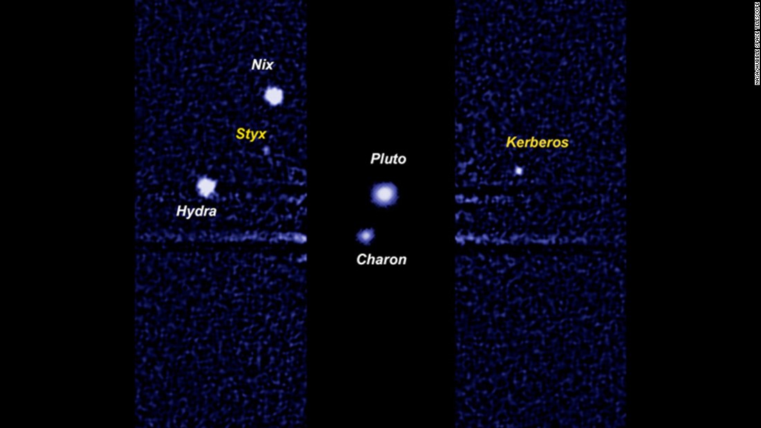 A Hubble Space Telescope image of Pluto and its moons. Charon is the largest moon close to Pluto. The other four bright dots are smaller moons discovered in 2005, 2011 and 2012: Nix, Hydra, Kerberos and Styx.