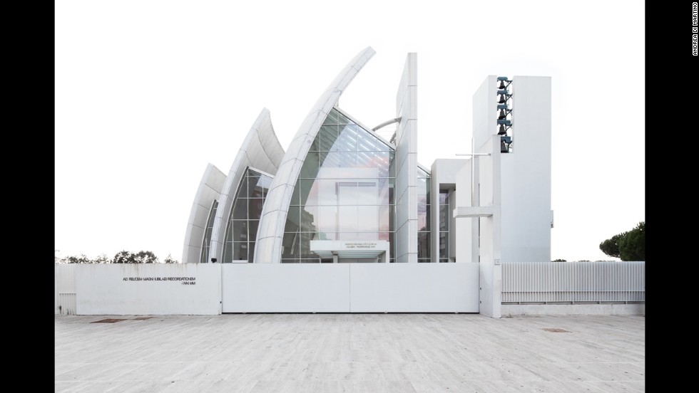 The Jubilee Church in Rome was designed by Richard Meier. Perched like a white pearl amid tired tower blocks and parking lots, the church is simple and reflects light like other Meier buildings. 