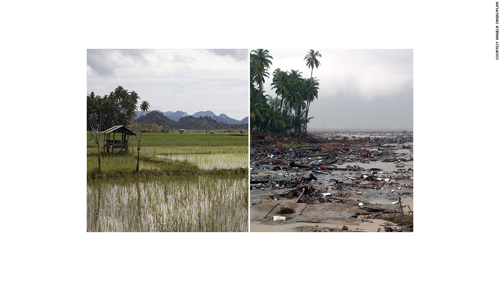 These images show how Aceh in Indonesia&#39;s northern Sumatra region has rebuilt itself 10 years after a devastating tsunami. This paddy field in Lhoknga sub-district was filled with rubbish and debris in the wake of the disaster.