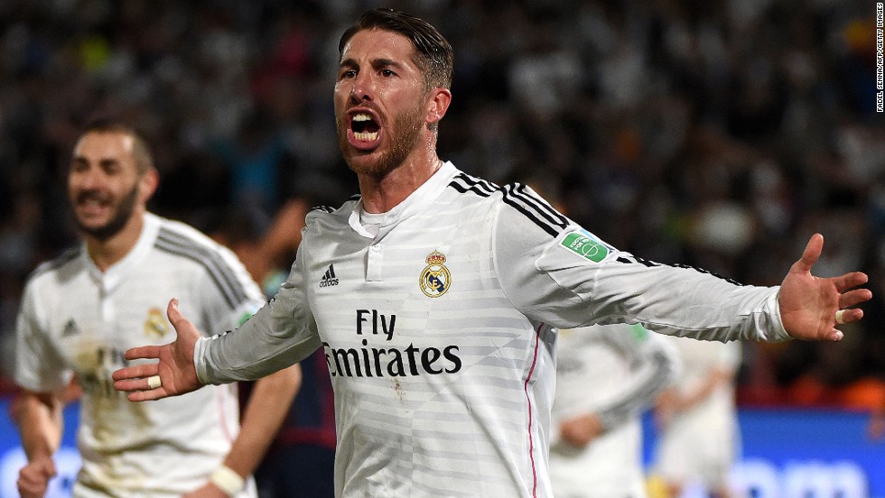 Real Madrid defender Sergio Ramos celebrates as he puts the European Champions ahead in the first half.